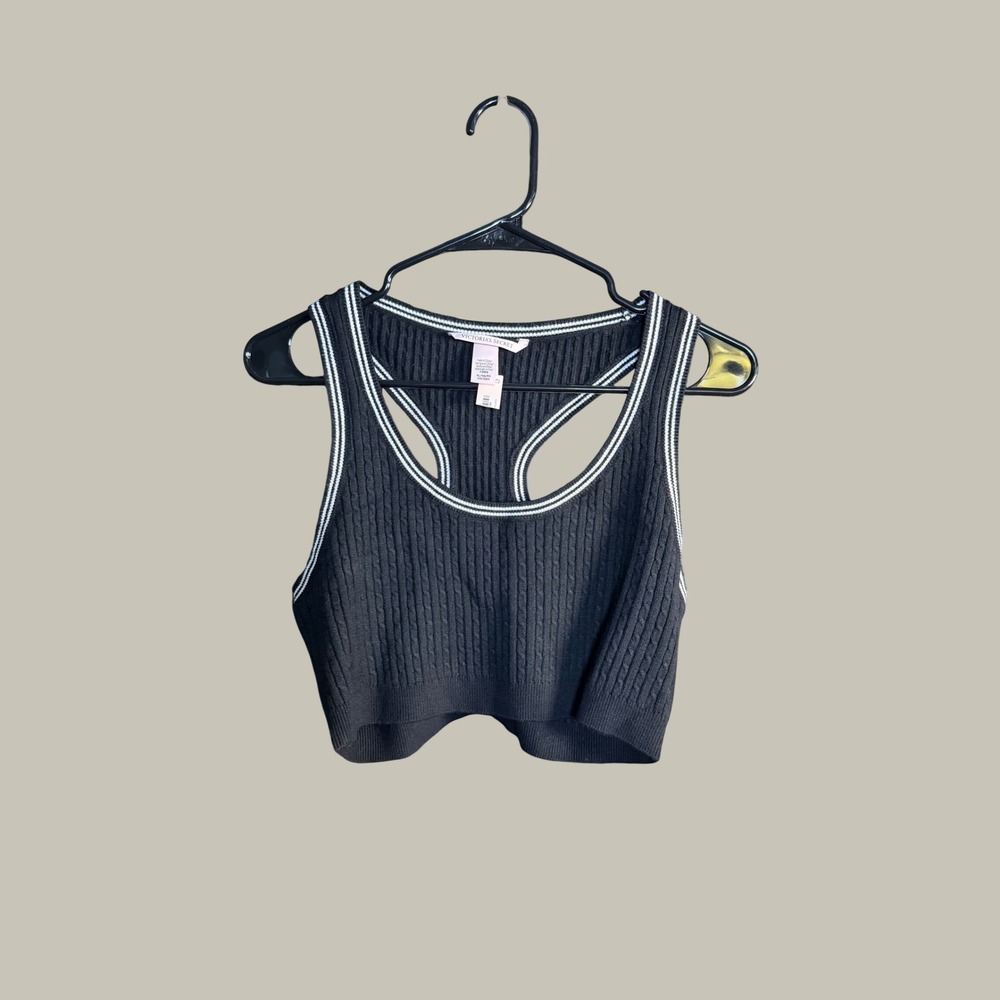 Victoria's Secret Black Ribbed Knit Cropped Racerback Tank Top XL Varsity Stripe